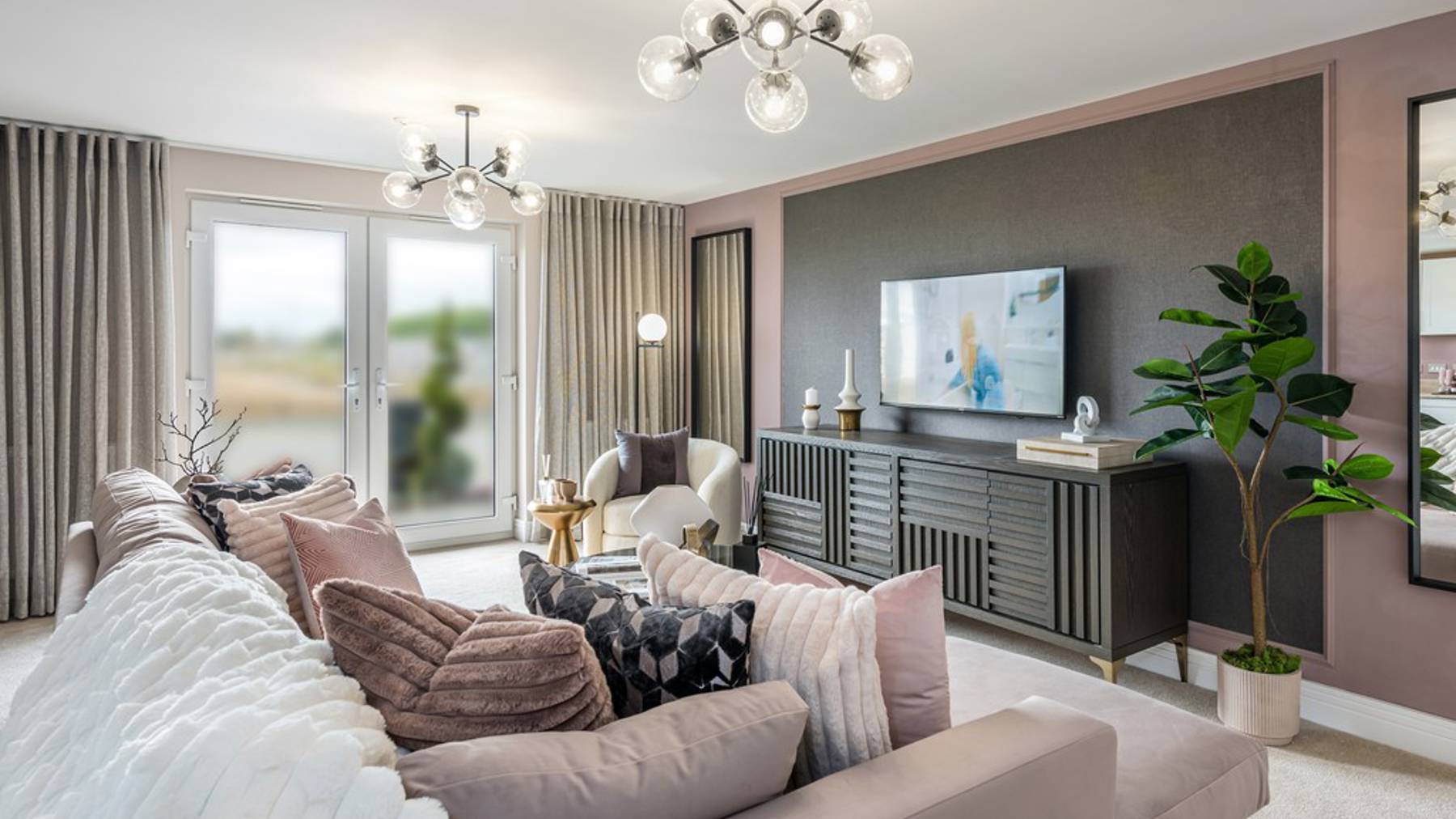 3 bedroom show apartment | generous lounge with French doors to the patio 