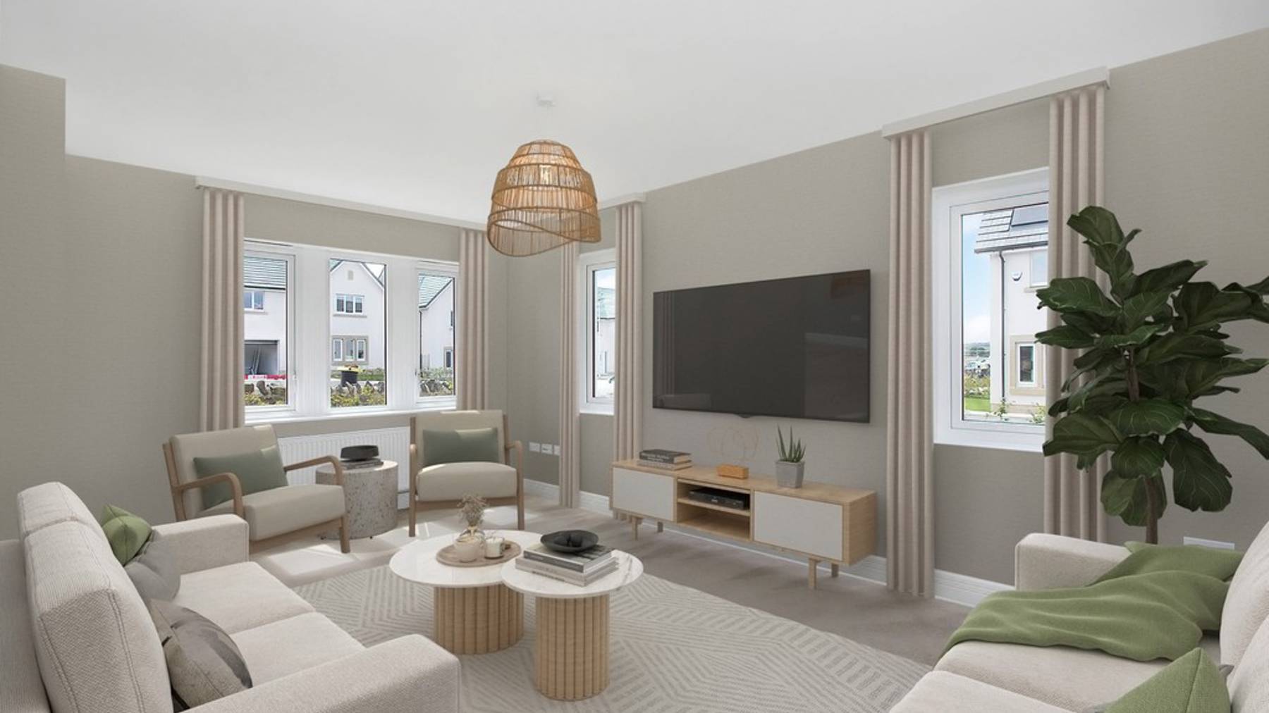 3 bedroom showhome | spacious lounge with front-facing windows and elegant neutral décor